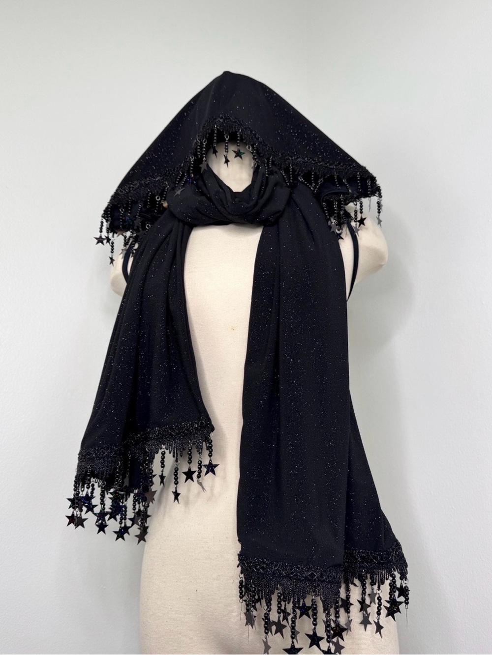 Black Star Beaded Fringe Scarf and detachable hood - Etsy designer shopdverano